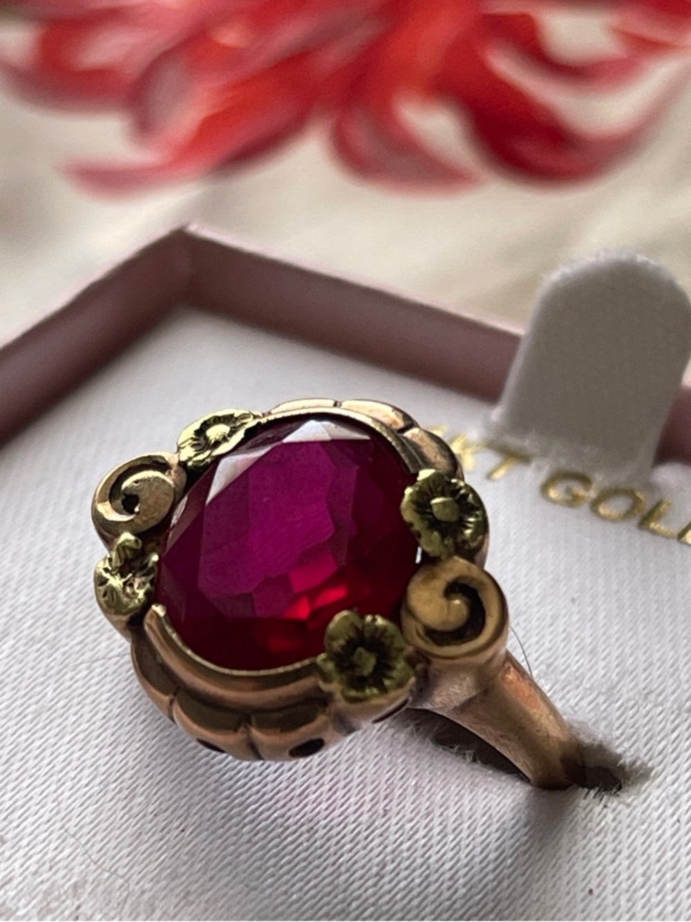 10k Art Nouveau Gold Ring with Deep Pink Gemstone Blown out Floral design